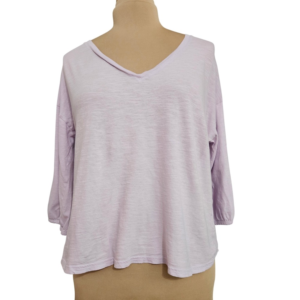 Pact Organic Cotton V-Neck Top Lilac Purple 3/4 Balloon Sleeve Relaxed Fit M